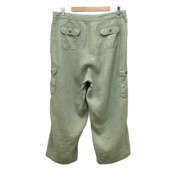J. Peterman 100% Linen Celery Green Cropped Cargo Pants Size 14 Flowy Lagenlook - Picture 2 of 8